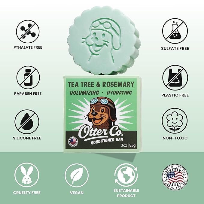 Otter co. Tea Tree & Rosemary Volumizing Conditioner Bar – Castor & Olive Oil, Zinc, Vegan, Hydrating, Sulfate Free & Non Toxic – Men & Women Bar Conditioner for Travel, All Hair Types, Made in USA
