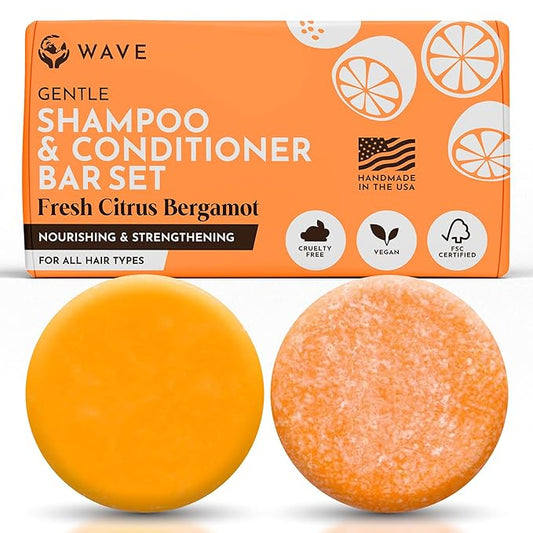 Shampoo and Conditioner Bar, Fresh Citrus - Sulfate Free Solid Shampoo and Conditioner Bars Set, Vegan Hair Care for All Hair Types, Long Lasting (120 uses) Travel Friendly, Made in the USA