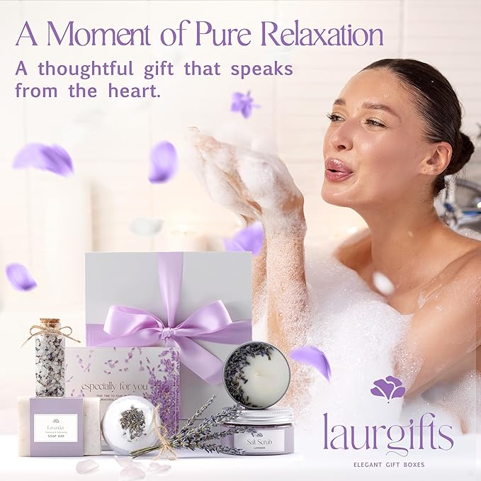Lavender Spa Gift Box for Women – Small Candle Set with Bath Gifts, Relaxing Self Care Spa Set, Birthday Basket for Women, Mom & New Mom