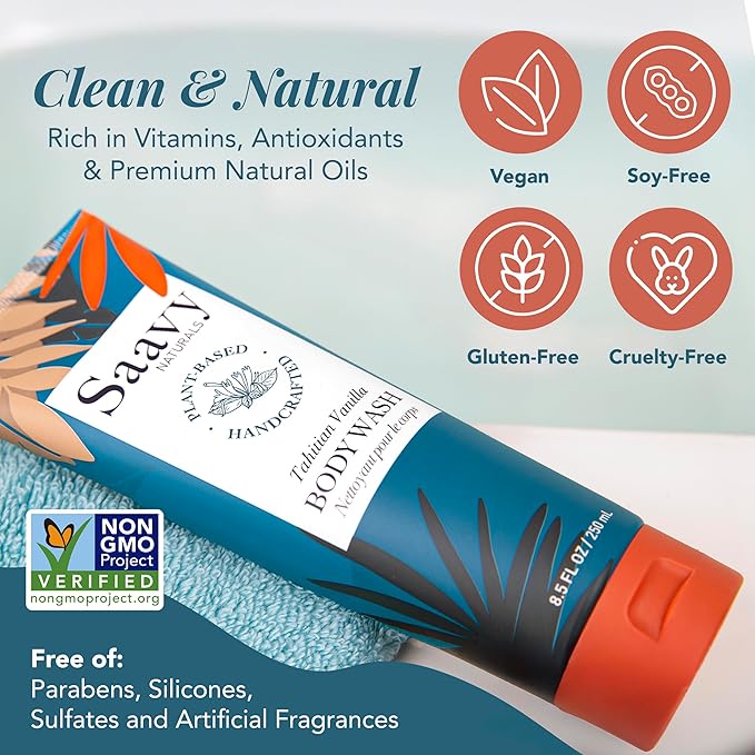 Saavy Naturals Moisturizing Body Wash for Sensitive Skin – Plant-Based & Pure with Coconut Oil, Shea Butter & Aloe Vera – Paraben-Free, Cruelty-Free – Tahitian Vanilla – 8.5 fl oz, 2 pack