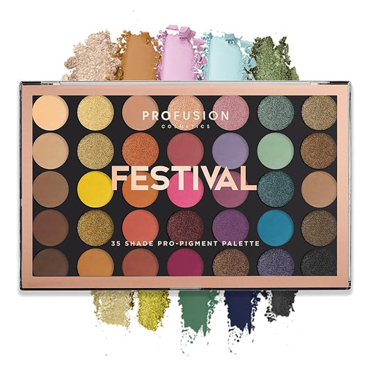 Profusion Cosmetics 35 Shade Eyeshadow Palette – Ultra-Pigmented Powder in Bright, Vibrant Colors for Stunning Eye Looks, Skin-Friendly, Vegan & Cruelty-Free Makeup (Festival)