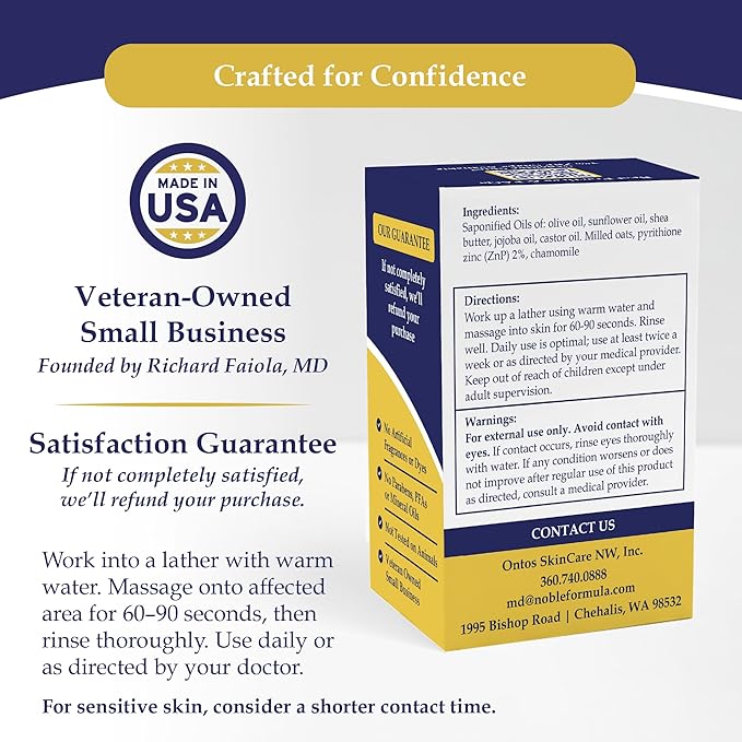 Noble Formula 2% Pyrithione Zinc Soap Bar with Sunflower Oil & Shea Butter – Face, Body & Scalp Cleansing Bar for Dry & Problem-Prone Skin - No Palm Oil, Vegan Formula, Handmade in the USA, 3.25 oz