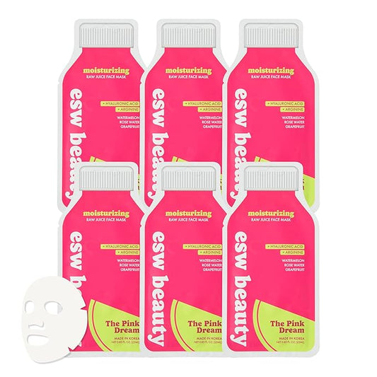 ESW Beauty The Pink Dream - Moisturizing Raw Juice Face Mask (6-Pack) - Hydrating with Watermelon, Rose Water & Grapefruit for Dry, Sensitive Skin - Vitamins C & E for Radiance