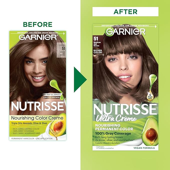 Garnier Nutrisse Ultra Crème Hair Color, Permanent Hair Dye with 100% Gray Coverage, Vegan & Cruelty-Free, 51 Medium Ash Brown (Cool Tea), 2 Count
