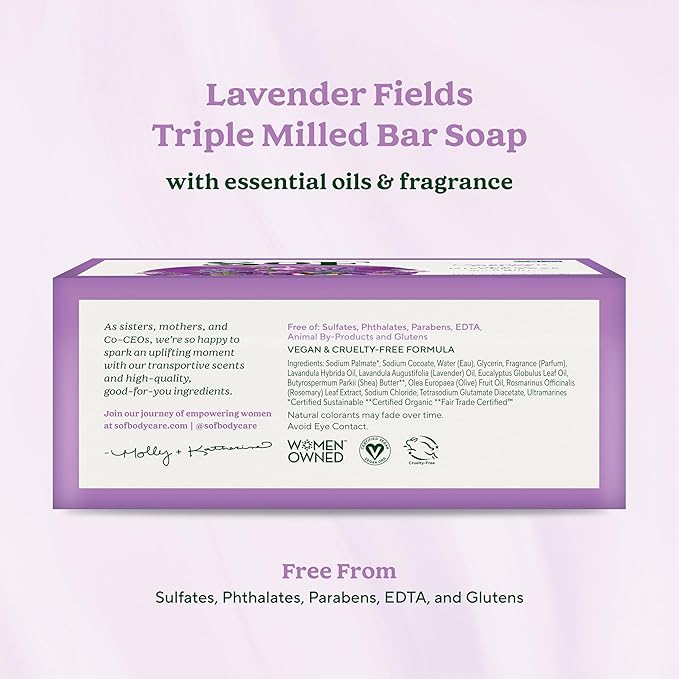 SoF Triple Milled Bar Soap - With Coconut Oil & Organic Shea Butter- Vegan & Non GMO- Free From Phthalates, Sulfates & Parabens- Lavender Fields - 6 oz Bar 6 Bars