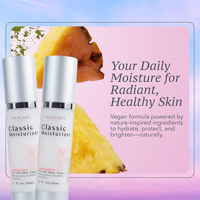 Peaches Skincare Hydrating Vegan Moisturizer with Vitamin E, Gotu Kola, and Pineapple – Age-Defying Daily Face Cream for Dry Skin and All Skin Types – Classic Moisturizer 1.7 oz