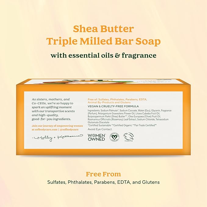 SoF Triple Milled Bar Soap - With Coconut Oil & Organic Shea Butter- Vegan & Non GMO- Free From Phthalates, Sulfates & Parabens- Shea Butter - 6 oz Bar 6 Bars