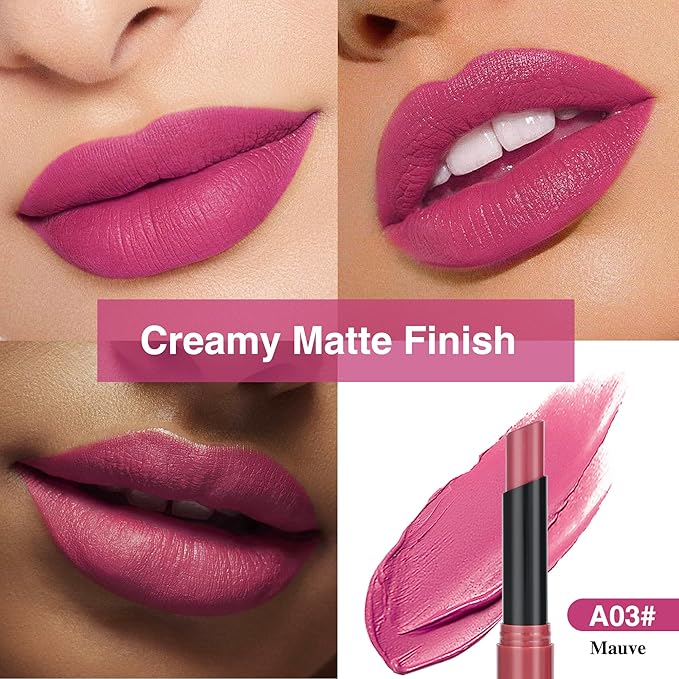 Mauve Lipstick for Women，Matte Velvet Satin Lipsticks，Hydrate Lip stick Non-Drying Long Lasting Lip Stain Daily Makeup，Creamy Silky Texture，Highly pigment Formula，Vegan & Cruelty-Free，A03#