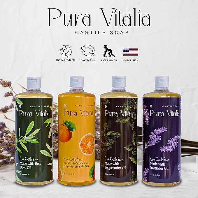 Lavender Organic Castile Soap | Body Wash & Cleanser for Face & Hands | Biodegradable, Eco-Friendly, Palm Oil Free, Vegan & Gentle | Made with 6 Natural Ingredients - 32 oz