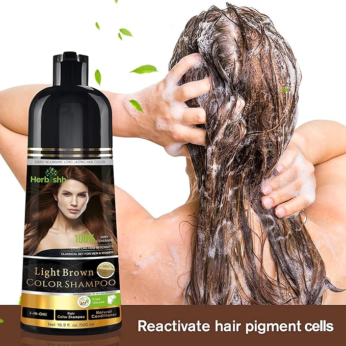 Herbishh Color Shampoo for Gray Hair Coverage (Light Brown) –Hair Dye 3-in-1 Shampoo- Colors in Minutes – Lasts Up To 2-3 Weeks – 500 mL – Ideal for Men & Women