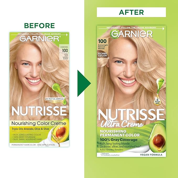 Garnier Nutrisse Ultra Crème Hair Color, Permanent Hair Dye with 100% Gray Coverage, Vegan & Cruelty-Free, 100 Extra-Light Natural Blonde (Chamomile), 2 Count