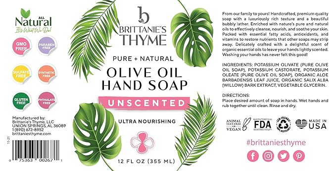 Brittanie’s Pure Castile Liquid Soap Refill, Unscented, 12 Ounce 3 Pack | Dish Soap, Hair & Body, Home, Gentle and Pure, Made with Natural Luxurious Oils, Vegan & Gluten Free Non-GMO