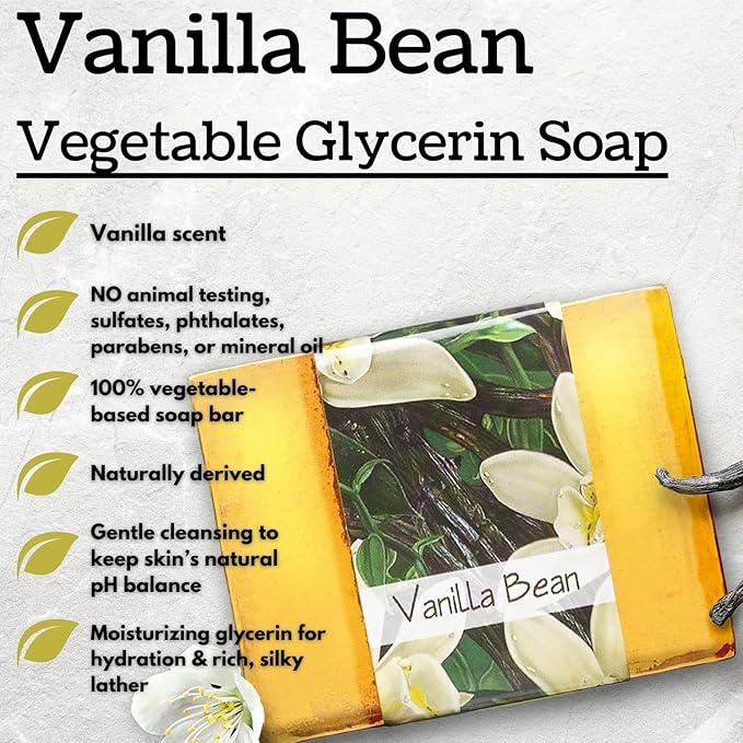 Glycerin Bar Soap Vanilla Bean Scent - Natural, Vegan-Friendly, Hypoallergenic - Moisturizing and Hydrating with 100% Vegetable Glycerin - Sulfate-Free, Paraben-Free, Chemical-Free - 4.5 oz