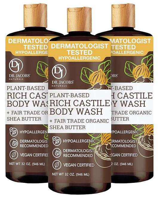 Dr. Jacobs Naturals Pure Castile Soap Liquid Body Wash, Shea Butter - Plant Based Soap Infused with Vitamin E and Aloe Vera to Moisturize Dry and Sensitive Skin - Made in The USA - 32 oz, Pack of 3