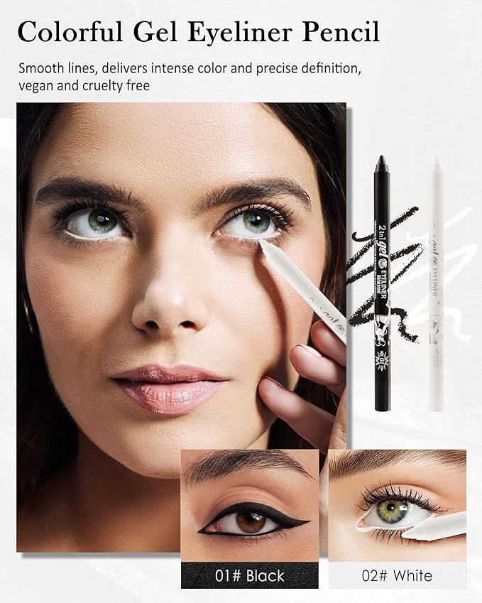 Black White Waterline Eyeliner Gel Pencil, Long Stay Eyeliner Waterline Waterproof Smudge-Proof, Safe for Sensitive Eyes, Eye Liner Brightener Pen with Sharpener, Soft Cream Rich Color Eye Makeup Pen