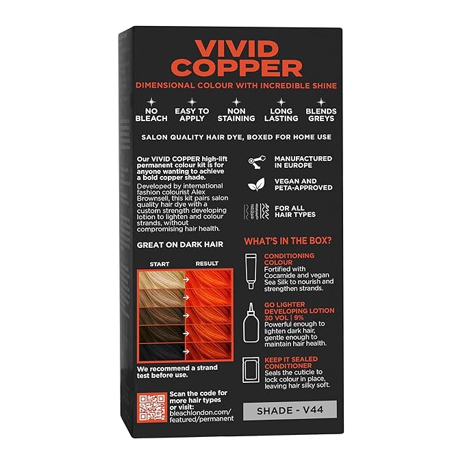 No Bleach London Permanent Hair Dye, Long-Lasting and Multi-dimensional At-Home Hair Colour, Fortified with Vegan Sea Silk and Cocamide for Incredible Shine, Colour: Vivid Copper (Complete Kit)