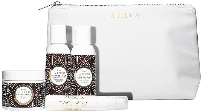 LaLicious Sugar Coconut Travel Set - Whipped Sugar Scrub, Shower Gel/Bubble Bath, Body Butter & Body Oil in a Luxe Velour Makeup Bag (4 Piece Kit)