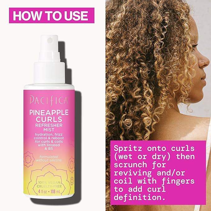 Pacifica Pineapple Curls Refresher Mist-Curl Refresher Spray, with Hyaluronic Acid, Vitamin B5 & Plant Oils, Vegan & Dermatologist Tested Curly Hair Products and Wavy Hair Products-4 Fl Oz(Pack of 2)