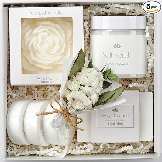 Spa Gift Box for Women – Sweet Coconut Candle Set, Ready to Gift Bath & Body Birthday Basket for Women, Small Handmade Vegan Luxury Self Care Box
