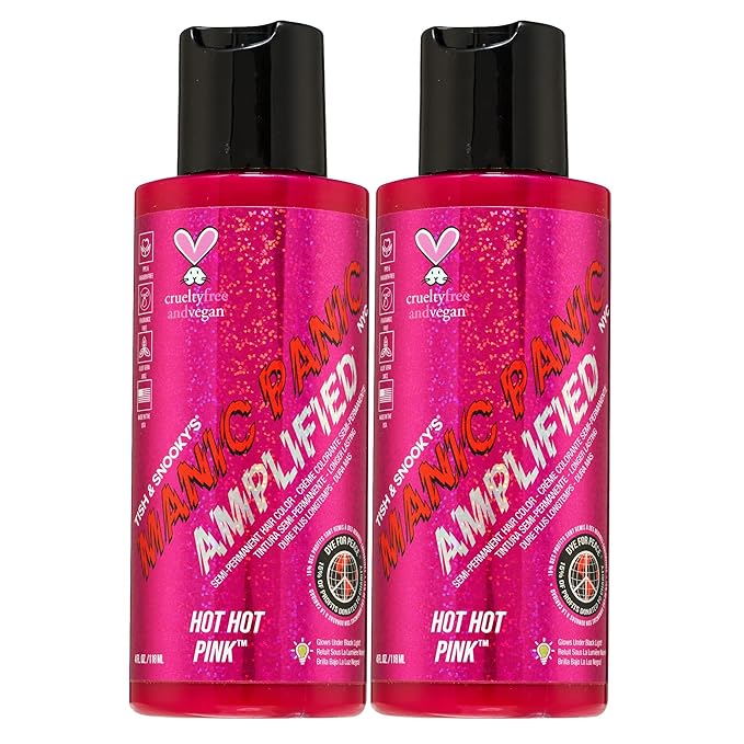 MANIC PANIC Hot Hot Pink Hair Color - Amplified - (2PK) Semi Permanent Hair Dye - Medium Pink - Glows In Blacklight - For Dark & Light Hair - Vegan, PPD & Ammonia Free For Coloring Hair on Women & Men