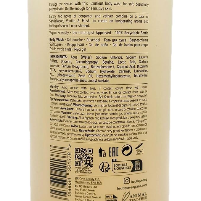Boutique Sandalwood & Vetiver Body Wash, 33.8 fl oz, 96% Natural Essential Oils, Vegan, Soap Free