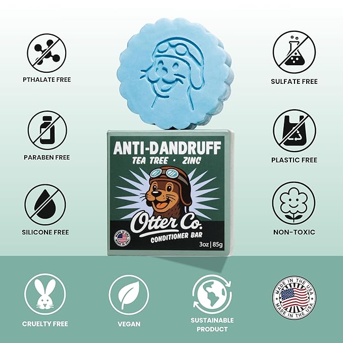 Otter co. Anti Dandruff Tea Tree Conditioner Bar – Zinc Pyrithione, Apple Cider Vinegar, Hydrating & Moisturizing Bar Conditioner – Vegan, Natural, Sulfate Free – All Hair Types & Dry Scalp, USA Made