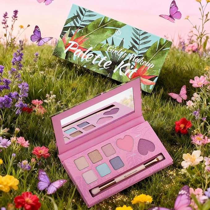 Color Nymph Girls Eye & Cheek Makeup Palette Kit - Eyeshadow & Blush & Highlighter Palette for Teens Girls Tweens, Beginner-Friendly, Gentle Makeup Kits for Starter, Makeup Gift for Birthday (Pink)