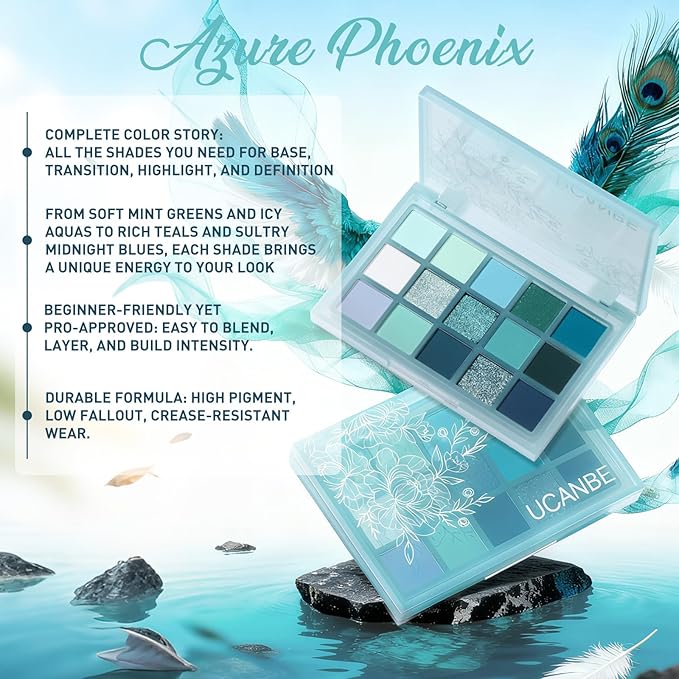 UCANBE 15 Color Eyeshadow Palette – Shimmer Matte Glitter Metallic Cool Tones Shades in White, Blue, Green, Mint, Teal, Navy – High Pigmented Blendable Eye Makeup Palette Kit