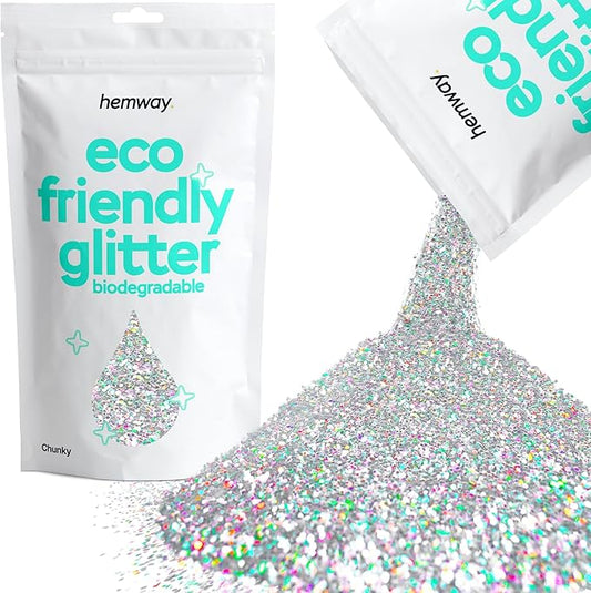 Hemway Biodegradable Glitter Eco Friendly - 100g/3.5oz Bio Cosmetic Safe Sparkle Vegan for Face Eyeshadow Body Hair Festival Makeup Craft - Chunky (1/40" 0.025" 0.6mm) - Silver Holographic