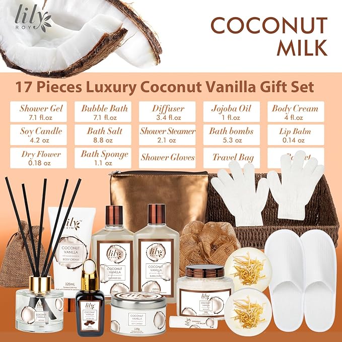 Bath and Body Gift Basket Set for Women - Coconut Vanilla Gift, Spa Gift Basket 17-Piece Bath Gift Set Self Care Gift for Mothers Day, Fathers Day, Birthday, Christmas Gifts, Valentines Day Gifts