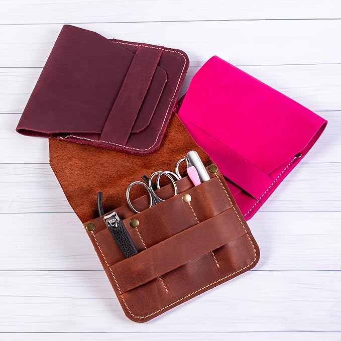 Leather Manicure Set Case Grooming Kit Organizer (Dark Brown)