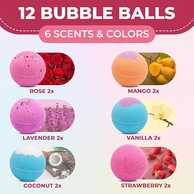 12 Pcs Organic Bath Bombs - Bath Bomb for Women and Kids, Assorted Scents with Shea Butter & Essential Oils, Lush Bath Bomb Gift Set for Bubble Spa, Birthdays, Mothers Day Gifts, and Christmas