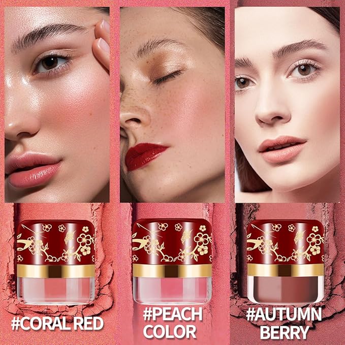Powder blush 3 Color Set, face blushes makeup for Cheeks, Lightweight, Smooth, Vegan & Cruelty-Free, Coral Red-Peach Color-Autumn Berry