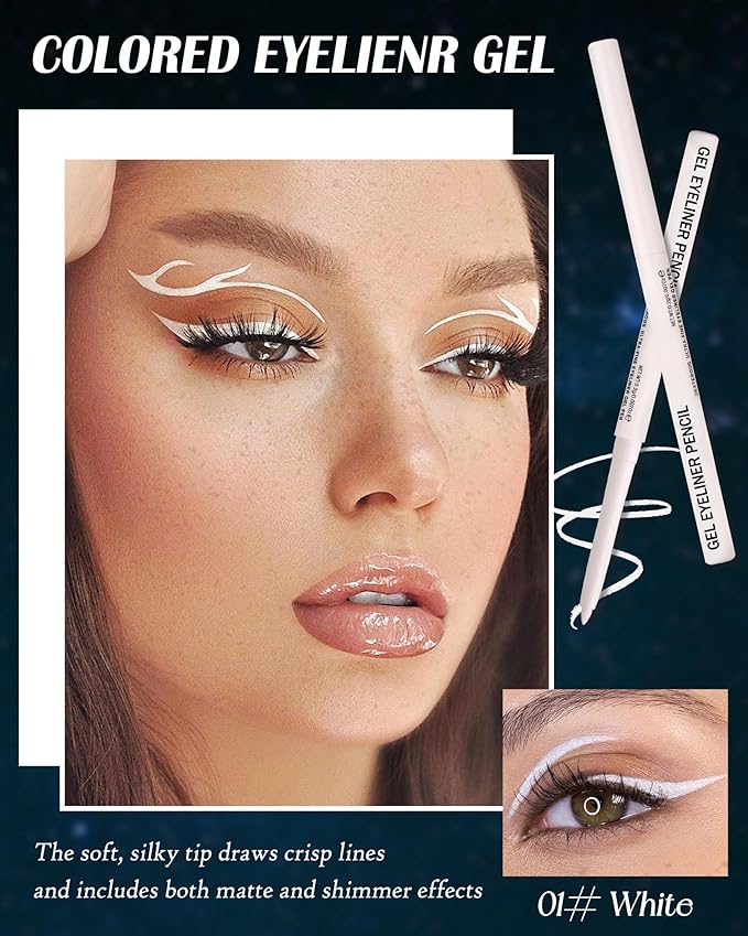 White Matte Gel Eyeliner Pencil Waterproof, Metallic Retractable Cream Smooth Eye Liner Pencils, Long Lasting Waterline Hypoallergenic Eyeliner Brightener Pencil, Smudge-Proof Eye Makeup for Women-01