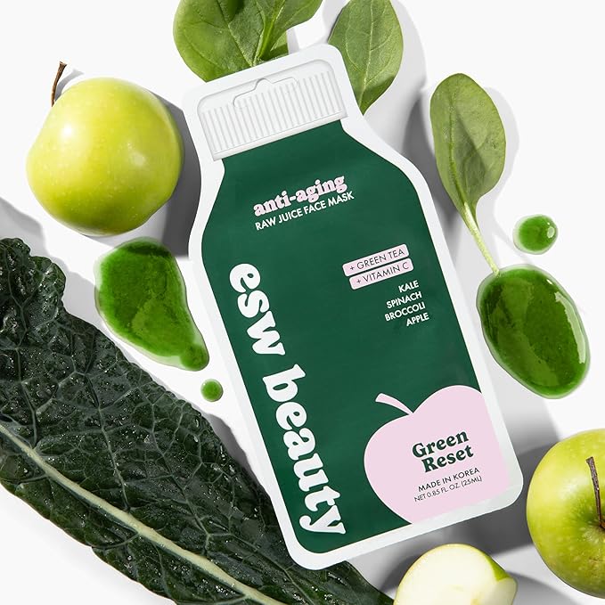 ESW Beauty Green Reset - Anti-Aging Raw Juice Face Mask - Revitalizing with Kale, Spinach, Broccoli & Apple for Mature Skin - Boosts Collagen & Reduces Wrinkles