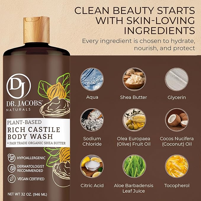 Dr. Jacobs Naturals Pure Castile Soap Liquid Body Wash, Sandalwood - Plant Based Soap Infused with Vitamin E and Aloe Vera to Moisturize Dry and Sensitive Skin - Made in The USA - 16 oz, Pack of 2