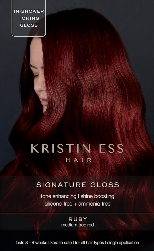 Kristin Ess Hair Gloss in Ruby Medium True Red - 4 Wk Semi Permanent Hair Color for Women - Vivid Red Color Depositing Conditioner & Toner for Vibrant Color + Shine - Hair Dye Glaze - Vegan