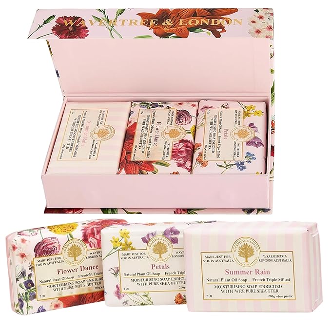 Wavertree & London Natural Soap Bars Gift Set (Set of 3) - Luxurious Floral Scented Bar Soap Pack, Moisturizing Triple Milled Body Soap Bars Enriched with Organic Shea Butter & natural ingredients