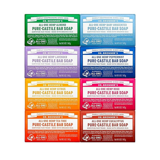 Dr. Bronner's Pure-Castile Magic Bar Soap (5 oz Variety Pack) Almond, Unscented, Lavender, Peppermint, Citrus, Rose, Tea Tree, & Eucalyptus - Made with Regenerative Organic Certified Oils, Vegan