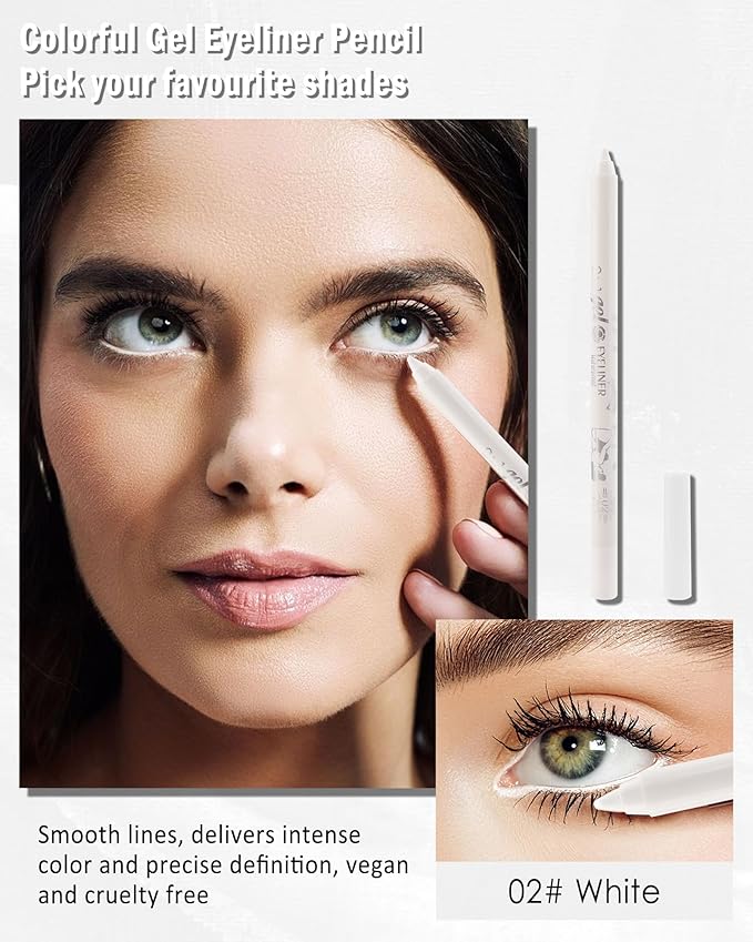 White Eyeliner For Waterline, Cream Gel Eyeliner Waterline Waterproof Smudge-Proof Eye Liner Pen, Safe for Sensitive Eyes, Matte Color Eye Brightener Colored Eye Liner Pen Makeup with Sharpener-02