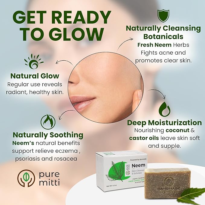Neem Face, Body Bar Soap 4.5 oz, 5 Pack | Ayurvedic Exfoliating, Cleansing Bar with Coconut Oil, Castor Oil | Gentle Bath Soaps for Face Wash, Body Wash | Soft Soap for Daily Use, All Skins