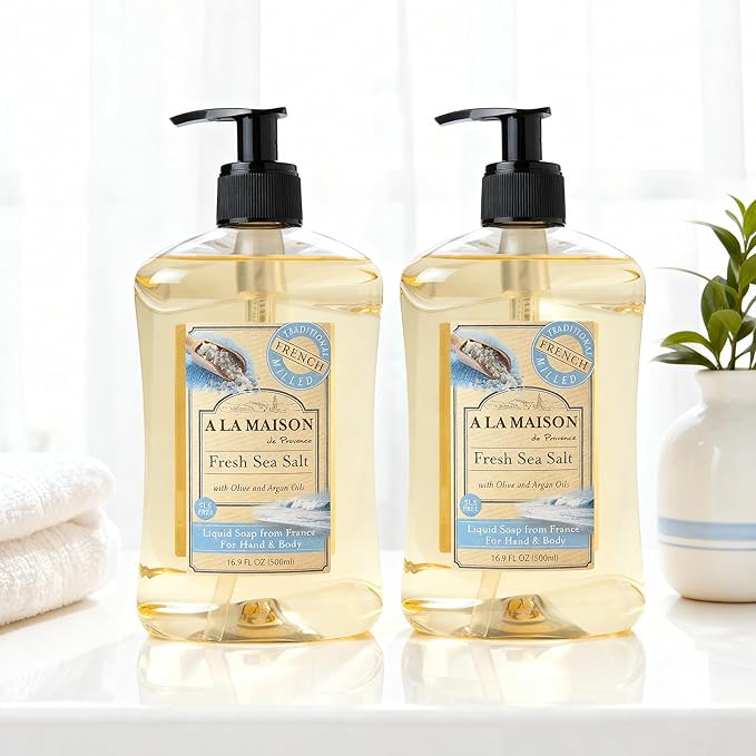 A LA MAISON Fresh Sea Salt French Liquid Hand Soap - Natural Hand Wash Made with Essential Oils - Biodegradable, Plant-Based, Vegan, Cruelty-Free, Alcohol & Paraben Free (16.9 oz, 2 Pack)