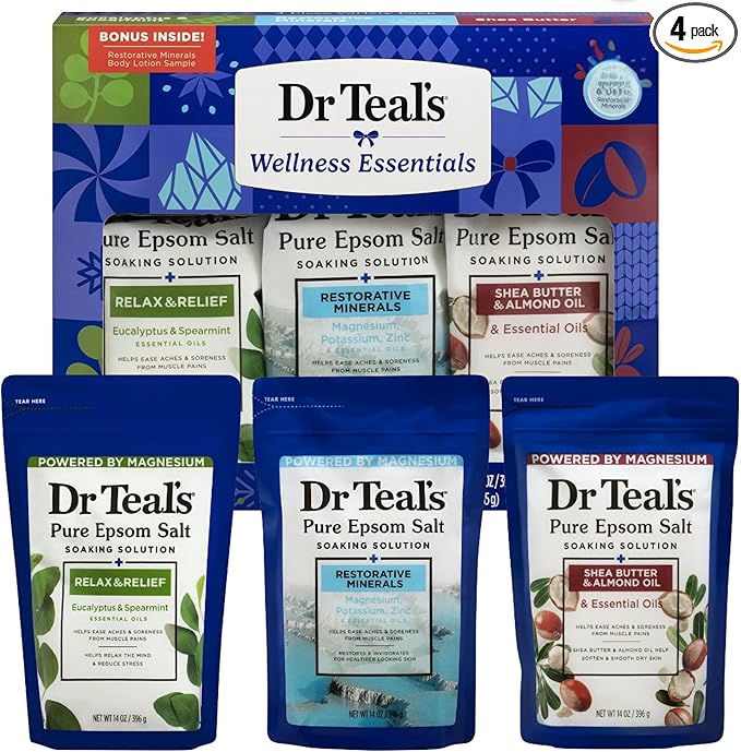 Dr Teal's Holiday Edition Pure Epsom Salt Gift Set, 3 Pack with Eucalyptus Spearmint, Restorative Minerals, Shea Butter, 14 oz Each with Body Lotion Sample