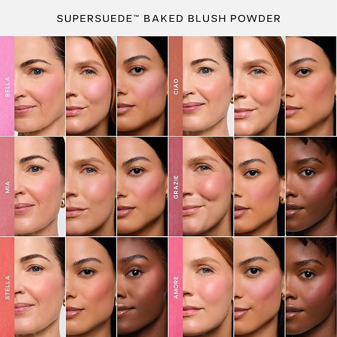 Saie SuperSuede Baked Blush - Talc-Free Powder Blush for Cheeks Infused with Hyaluronic Acid, Glycerin + Squalane - Hydrating Face Makeup for a Natural, Diffused Flush of Color - Stella (0.1 Ounce)