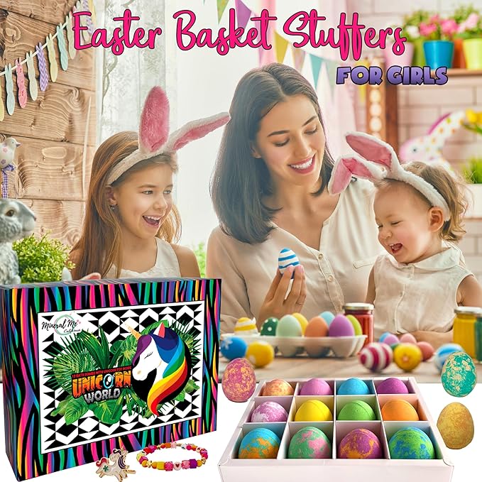 Unicorn Bath Bombs for Girls with Jewelry Inside, Organic Bath Bombs for Kids with Surprise, Natural, Skin Moisturizing BathBombs, Rainbow Bubble Bath. Easter Basket Essentials for Girls, Kids, 12 pk