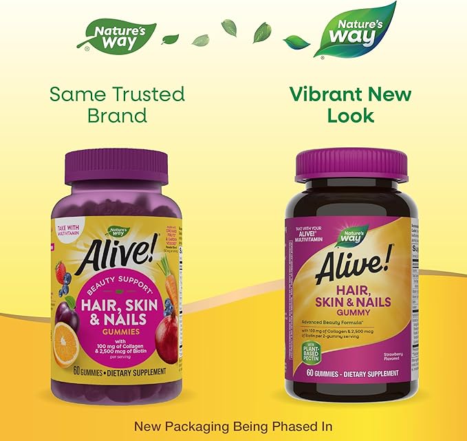 Nature's Way Alive! Hair, Skin & Nails Gummies, Advanced Beauty Formula*, with Biotin and Collagen, Strawberry Flavored, 60 Gummies (Packaging May Vary) (Pack of 2)
