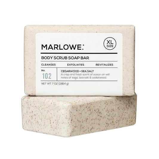 MARLOWE. No. 102 Body Scrub Soap 7 oz, Cedarwood & Sea Salt, Exfoliating Soap Bar with Shea Butter, Olive Oil & Green Tea Extracts, Cleanses, Smooths & Revitalizes Skin, Fresh & Zesty Scent