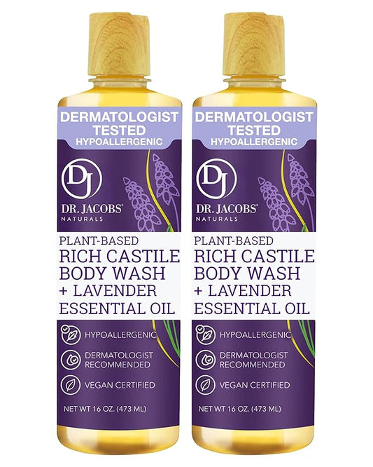 Dr. Jacobs Naturals Pure Castile Soap Liquid Body Wash, Lavender - Plant Based Soap Infused with Vitamin E and Aloe Vera to Moisturize Dry and Sensitive Skin - Made in the USA - 16 oz, Pack of 2