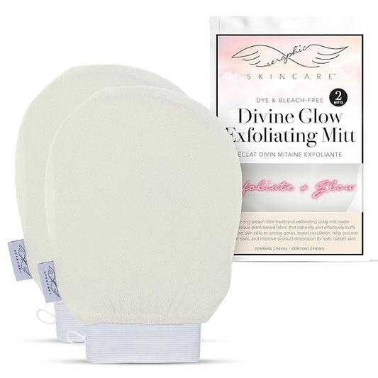 Seraphic Skincare Divine Glow Exfoliating Mitt (2pcs) – 100% Vegan Viscose Traditional Body Scrub Glove Kessa Korean Washcloth – Body Exfoliator for Self-Tan Removal & Keratosis Pilaris