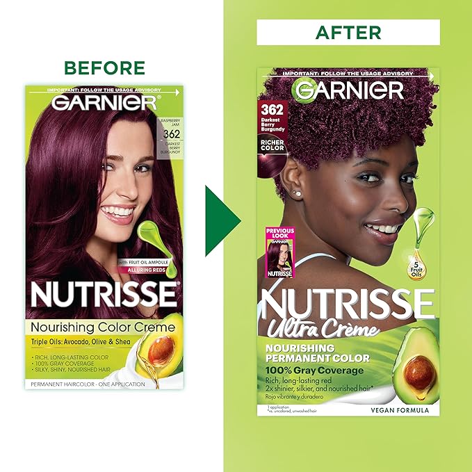 Garnier Nutrisse Ultra Crème Hair Color, Permanent Hair Dye with 100% Gray Coverage, Vegan & Cruelty-Free, 362 Darkest Berry Burgundy (Raspberry Jam), 2 Count